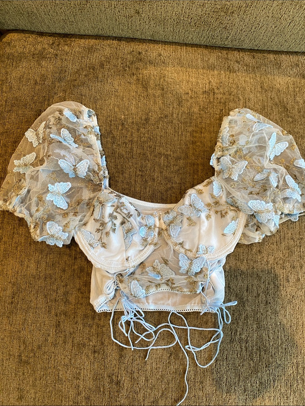 SHEIN Powder Blue Butterfly Lace Puff-Sleeve Crop Top ❌SOLD❌